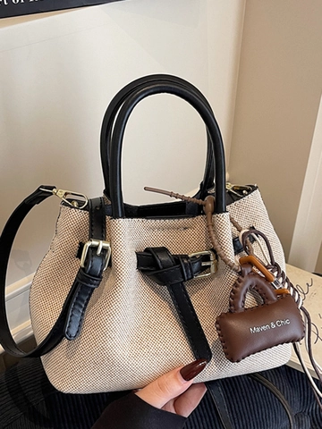 Damen Canvas Leder Patchwork Eimertasche Kontrastnähte Urbaner Stil Schulter Umhängetasche Mit Anhänger