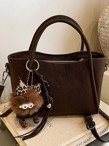 Damen PU Leder Umhängetasche Lässig Urban Einfache Kleine Quadratische Tasche Mit Plüschanhänger Mode Schultertasche Handtasche