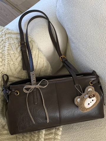 Retro PU Leather Underarm Bag For Women Vintage Shoulder Tote Bag With Bow Tie And Bear Charm Daily Commute Fashion Bag