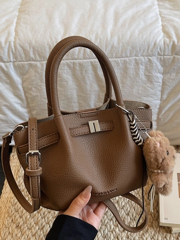 Moda Borsa a Secchiello in Pelle PU per Donna Trama Litchi Borsa a Tracolla Grande Capacità Borsa a Tracolla Con Ciondolo Peluche