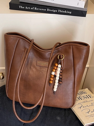 Damen PU Leder Tote Tasche Große Kapazität Mit Holzperlenanhänger Retro Einfache Pendler Schultertasche Für Büro