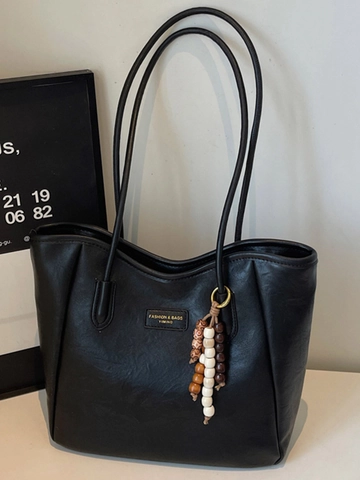 Damen PU Leder Tote Tasche Große Kapazität Mit Holzperlenanhänger Retro Einfache Pendler Schultertasche Für Büro