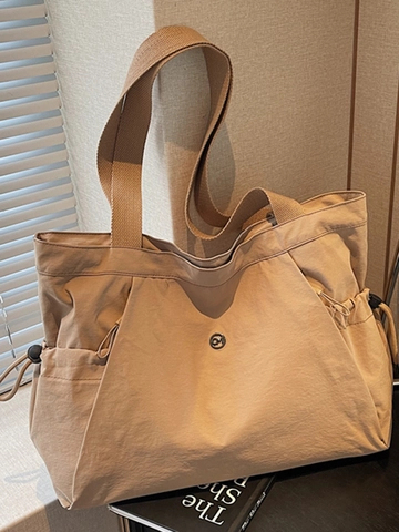 Women Large Capacity Nylon Tote Bag Urban Commuter Simple Shoulder Bag With Drawstring Side Pockets Fashion Daily Handbag