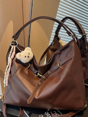 Women Large Capacity PU Leather Tote Bag Retro Minimalist Urban Style Shoulder Crossbody Bag With Plush Bear Charm