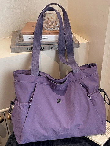 Women Large Capacity Nylon Tote Bag Urban Commuter Simple Shoulder Bag With Drawstring Side Pockets Fashion Daily Handbag