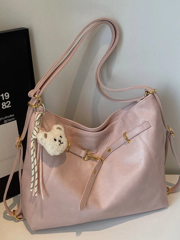 Women Large Capacity PU Leather Tote Bag Retro Minimalist Urban Style Shoulder Crossbody Bag With Plush Bear Charm