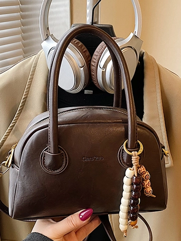 Vintage PU Leather Bowling Bag For Women With Wooden Bead Tassel Handheld Crossbody Bag Boston Retro Shoulder Bag Solid Color