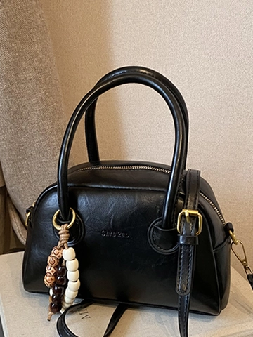 Vintage PU Leather Bowling Bag For Women With Wooden Bead Tassel Handheld Crossbody Bag Boston Retro Shoulder Bag Solid Color