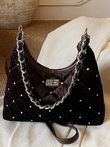 Borsa a Secchiello Trapuntata in Velluto PU Retro da Donna Borsa da Ascella a Spalla con Catena di Strass Borsa a Tracolla