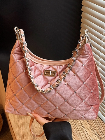 Borsa a Secchiello Trapuntata in Velluto PU Retro da Donna Borsa da Ascella a Spalla con Catena di Strass Borsa a Tracolla