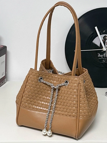 Bolso de Cubo Tejido de Moda para Mujer Gran Capacidad Bolso de Mano con Decoración de Cadena de Perlas Bolso de Hombro de Cuero Pu