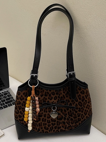 Women Retro Leopard Print Shoulder Bag Large Capacity PU Suede Tote Bag With Bow Heart Pendant Beads Handbag Fashion Bag