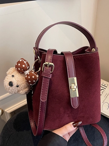 Retro Suede Texture PU Leather Bucket Bag For Women Minimalist Crossbody Bag With Magnetic Snap And Bear Pendant Shoulder Bag