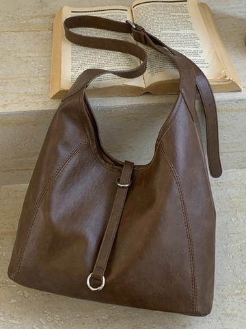 Grand Sac Fourre-Tout Femme en Cuir PU Style Urbain Minimaliste Sac à Bandoulière avec Anneau Métallique Rétro pour Quotidien