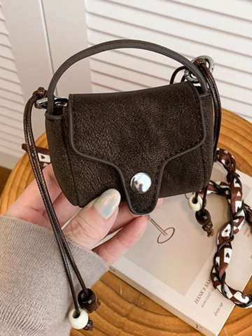 Mini Sac Bandoulière Femme en Cuir PU Étui Écouteurs Petit Sac Carré Avec Bandoulière en Perles et Foulard Vintage