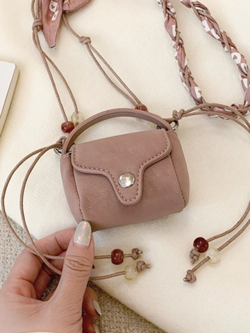 Mini Sac Bandoulière Femme en Cuir PU Étui Écouteurs Petit Sac Carré Avec Bandoulière en Perles et Foulard Vintage