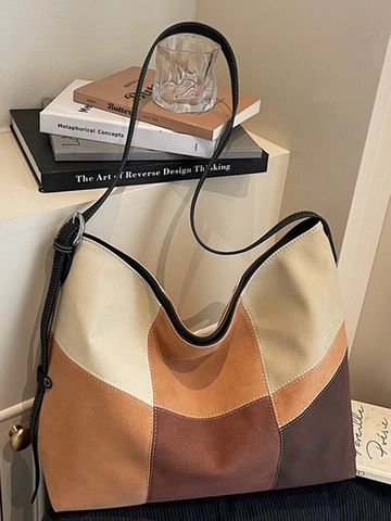 Damen Große Kapazität Farbblock Tragetasche PU Leder Patchwork Hobo Schultertasche Kontrastnähte Täglich Reise Handtasche