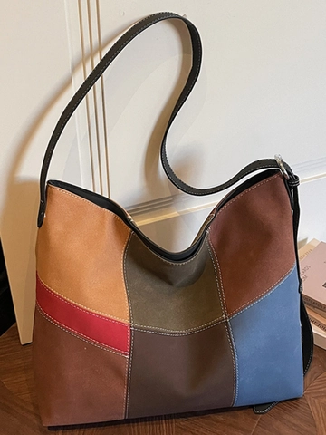 Damen Große Kapazität Farbblock Tragetasche PU Leder Patchwork Hobo Schultertasche Kontrastnähte Täglich Reise Handtasche