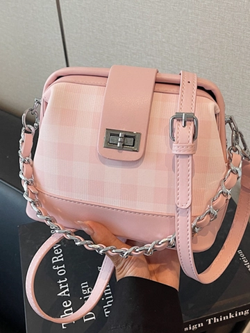 Borsa a Tracolla Chic a Scacchiera Plaid da Donna in Pelle PU Con Catena Chiusura a Girello in Metallo Borsa Quadrata Urban Minimalista