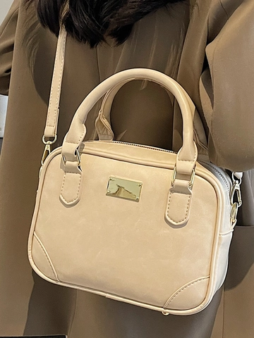 Women Retro PU Leather Boston Handbag Solid Color Shoulder Bag Gold Hardware Adjustable Strap Crossbody Square Bag