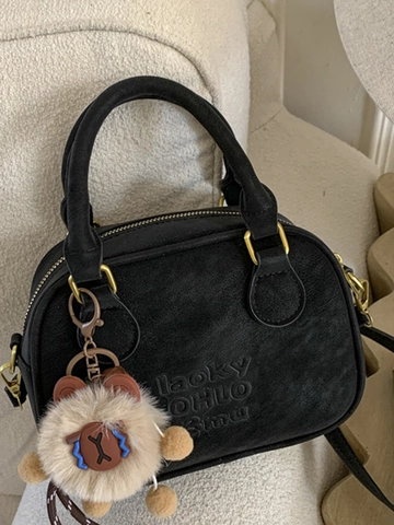 Retro PU Leather Bowling Bag For Women Fashion Embossed Letter Shoulder Crossbody Bag Minimalist Niche Design Handbag With Plush Pendant