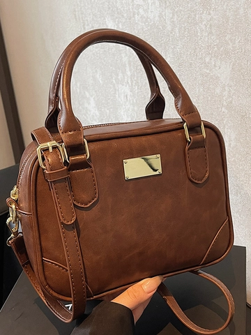 Women Retro PU Leather Boston Handbag Solid Color Shoulder Bag Gold Hardware Adjustable Strap Crossbody Square Bag