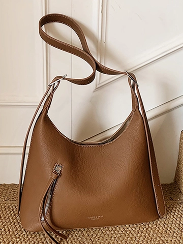 Bolso Cubo Hobo de Cuero PU Retro para Mujer Costura de Contraste Cremallera con Borla Bolso de Hombro Axila Diario