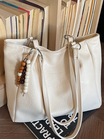 Borsa Tote da Donna di Grande Capacità Borsa a Tracolla in Pelle PU Con Nappa in Perline di Legno Stampa Lettere Retro