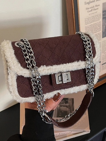 Damen Vintage Gesteppte PU Umhängetasche Mit Elegantem Kunstwollbesatz Silber Kettenriemen Kleine Quadratische Tasche Winter Chic