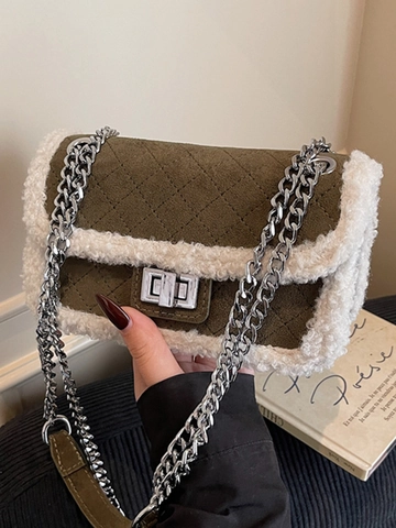 Damen Vintage Gesteppte PU Umhängetasche Mit Elegantem Kunstwollbesatz Silber Kettenriemen Kleine Quadratische Tasche Winter Chic