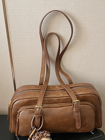 Bolso de Axila Retro de Cuero PU para Mujer Moda Costuras Simples Gran Capacidad Bolso de Hombro Bolso Conmutador Con Colgante