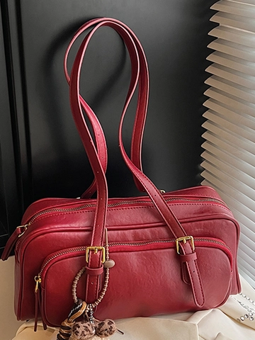 Bolso de Axila Retro de Cuero PU para Mujer Moda Costuras Simples Gran Capacidad Bolso de Hombro Bolso Conmutador Con Colgante