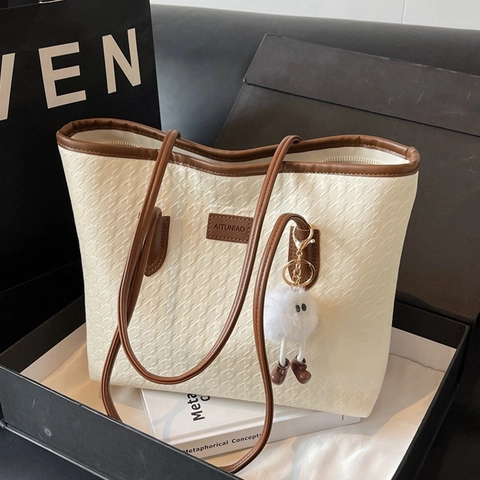 Damen Große Kapazität PU Leder Tote Tasche Mode Kontrastpaspel Schultertasche Koreanischer Stil Commute Handtasche Mit Plüsch Anhänger