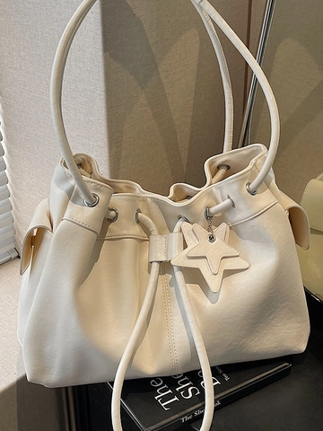 Borsa Tote da Donna alla Moda in Pelle PU di Grande Capacità Borsa a Tracolla con Coulisse con Ciondolo a Stella Borsa a Mano Retro