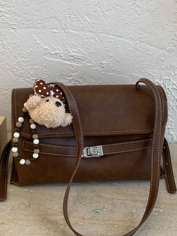 Damen Retro PU Leder Umhängetasche Urban Minimalistische Tote Bag Große Kapazität Pendler Crossbody Tasche Mit Bär Anhänger