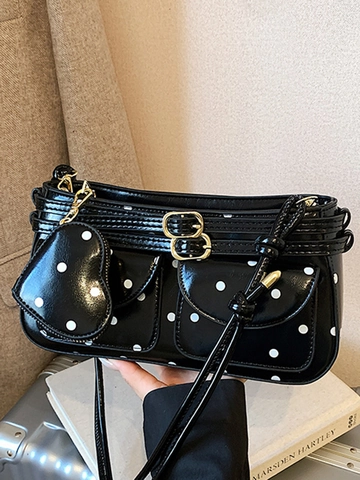 Sac à Épaule à Pois pour Femmes Rétro en Cuir PU Sac Bandoulière Mode Sac à Main Avec Pendentif Porte Monnaie en Forme de Cœur