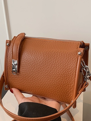 Women Urban Minimalist Litchi Grain PU Leather Crossbody Bag Small Square Handbag With Silver Metal Lock Stitching Shoulder Bag