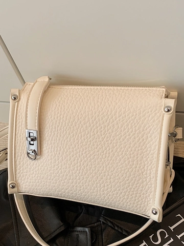 Women Urban Minimalist Litchi Grain PU Leather Crossbody Bag Small Square Handbag With Silver Metal Lock Stitching Shoulder Bag