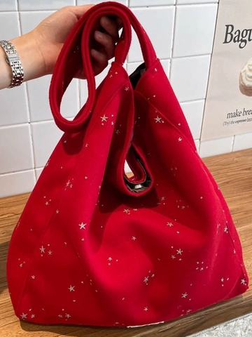Women Large Capacity Star Print Canvas Tote Bag Korean Artistic Minimalist Woolen Single Shoulder Commuter Handbag