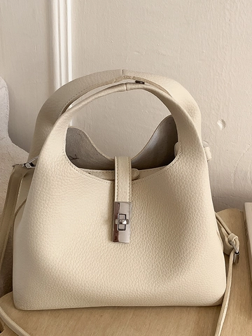 Retro Minimalistisch Kiesel PU Leder Eimertasche Für Frauen Mode Handtasche Schulter Umhängetasche Mit Silbern Drehverschluss