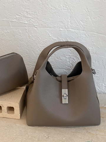 Retro Minimalistisch Kiesel PU Leder Eimertasche Für Frauen Mode Handtasche Schulter Umhängetasche Mit Silbern Drehverschluss