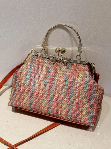Retro Tweed Clip-Umhängetasche Damen Frühling 2026 Crossbody Handtasche Mit Metallgriff Strass-Schleife Elegante Arzt Tasche