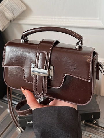 Women's Glossy PU Leather Crossbody Bag Urban Minimalist Square Handbag With Silver Metal Buckle Solid Color Shoulder Bag