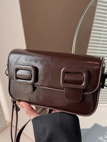 Women Glossy PU Leather Saddle Bag Retro Solid Color Crossbody Bag With Square Buckles And Heart Pendant Fashion Shoulder Bag