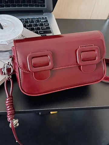 Women Glossy PU Leather Saddle Bag Retro Solid Color Crossbody Bag With Square Buckles And Heart Pendant Fashion Shoulder Bag