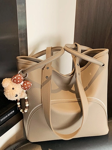 Vintage Women Large Capacity PU Leather Tote Bag Urban Minimalist Litchi Grain Shoulder Bag With Plush Bear Pendant Handbag
