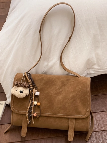 Vintage Women Frosted PU Leather Square Shoulder Bag Large Capacity Commuter Crossbody Bag With Plush Charm Minimalist Purse