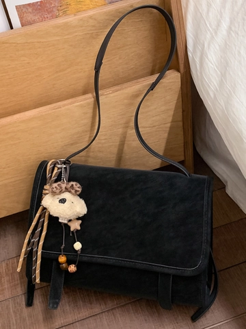 Vintage Women Frosted PU Leather Square Shoulder Bag Large Capacity Commuter Crossbody Bag With Plush Charm Minimalist Purse