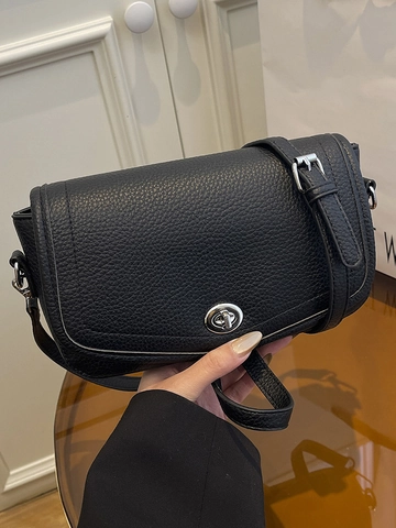 Women Urban Minimalist PU Leather Pebbled Grain Square Bag Silver Turn Lock Crossbody Shoulder Bag Casual Messenger Bag