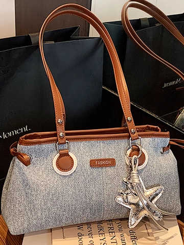 Minimalist Women Denim PU Leather Underarm Bag Fashion Patchwork Shoulder Bag With Star Pendant Urban Daily Commute Handbag
